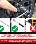Manual use of 5 Piece Lug Nut Removal Tool Set for Damaged Nuts And Bolts In 17mm 19mm 21mm 22mm shown with warning signs.