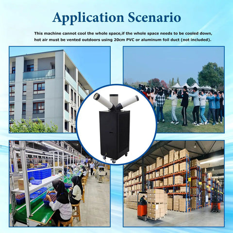Heavy Duty 220V Industrial Air Conditioner 15400 BTU Portable Spot Cooler with 8L Water Tank in various application scenarios.