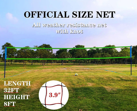 Portable Backyard Volleyball Set With Durable Net All Weather Construction Includes Pump Wrap Yarn Volleyball Boundary Lines Carry Bag Classic Blue Green Easy Setup For Instant Play, official size net shown installed on a lawn.