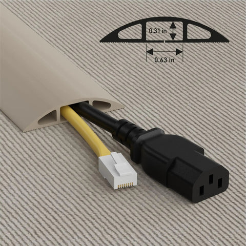 Beefed-Up Floor Cord Cover 6-Foot Cable Protector For Home Or Office Hide Extension Cords And Prevent Trip Hazards Flexible PVC Beige Cable Hider Coils Flat And Cuts To Size Ideal For High Traffic Areas Keeps Cables Safe From Pets And Kids. Beige PVC floor cord cover with two cables, 6 ft, 0.63 x 0.31 in