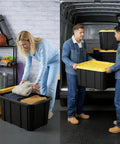 Two people utilizing Six Pack Heavy Duty Stackable Industrial Totes Top Shelf Plastic Storage Bins With Secure Snap Lids.