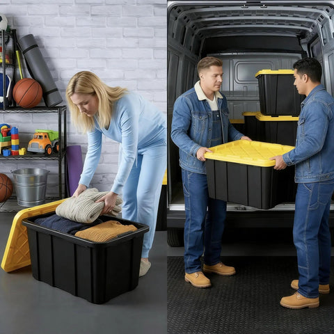 Two people utilizing Six Pack Heavy Duty Stackable Industrial Totes Top Shelf Plastic Storage Bins With Secure Snap Lids.