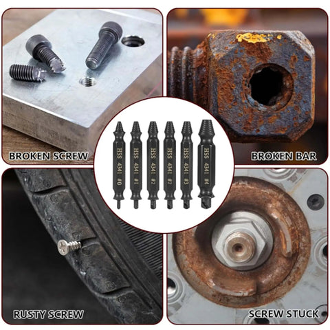 Damaged Screw Extractor Set For Stripped Screws Bolts And Rusted Hardware 6 Piece HSS Drill Bit Kit with broken and rusted hardware