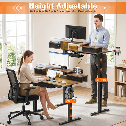 Sick Electric Adjustable Desk With Drawers For Home Office Standing Computer Workstation showcasing height adjustment from 28.3 to 46.5 inches.