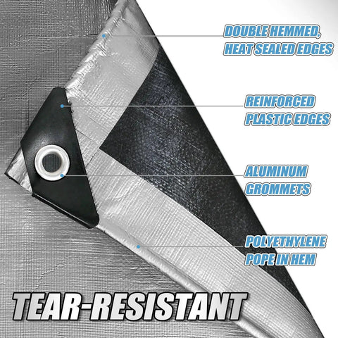 Corner of rugged heavy duty tarp with 16 mil thickness and metal grommets every 18 inches, 20 feet by 30 feet in silver