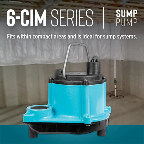 Manual Submersible Sump Pump For Sump Systems And Dewatering, 115 Volt, 1/3 HP, 2750 GPH, No Switch, 10 Ft Cord, Blue, shown in a basement setting