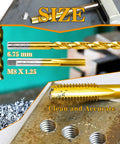 Hardcore M8x1.25 Tap And 6.75mm Drill Bit Set For Metalwork with titanium plating, showing clean drill holes in metal