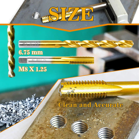 Hardcore M8x1.25 Tap And 6.75mm Drill Bit Set For Metalwork with titanium plating, showing clean drill holes in metal