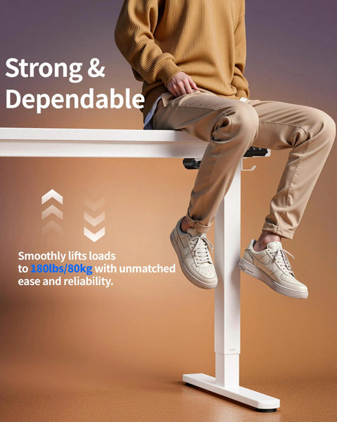 Sleek BIZUM Electric Standing Desk 60 x 24 Inch White Computer Gaming Workstation with person sitting and adjusting height.