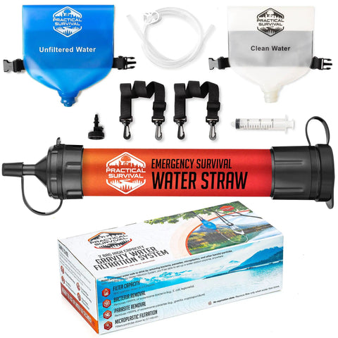 High Capacity Portable Water Filtration System with two lightweight hanging bags, filter, and cleaning plunger for outdoor use.