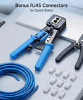 Pass Through RJ45 Crimp Tool for Cat6 Ethernet Cables with Built In Wire Cutter And Stripper, connectors, cables, tools displayed