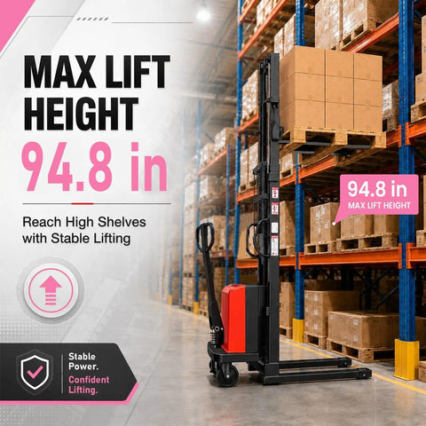 Heavy Duty 3300 Lbs Semi Electric Pallet Stacker With Iron Frame For Warehouse Forklift Jobs And Tall Stack Heights Up To 78 Inch Handle Height max lift height 94.8 inches with stacked pallets in a warehouse