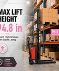 Semi Electric Pallet Stacker With 3300 Lbs Motor Power For Heavy Duty Warehouse Jobs Featuring robust steel frame, 94.8 inches max lift height.