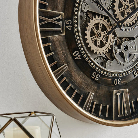 Killer Twenty Four Inch Oversized Wall Clock Featuring Real Moving Gears Heavily Distressed Antique Gold Dial with Roman Numerals.