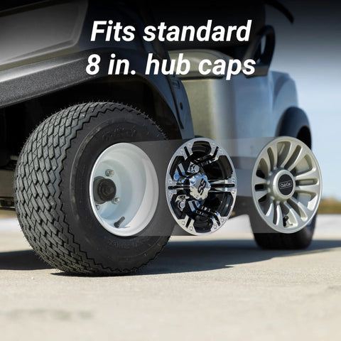 Sick Glossy White Steel Golf Cart Wheels And Durable Turf Replacement Tires Set Of Four With Snap Fit 4X4 Bolt Pattern For Hella Smooth Course Cruising showing two hub cap styles on a tire.