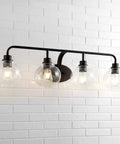 Oil Rubbed Bronze Farmhouse 36 Inch LED Vanity Wall Sconce With Clear Seeded Glass Shade against white tile wall.
