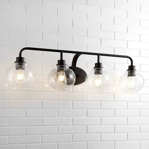 Oil Rubbed Bronze Farmhouse 36 Inch LED Vanity Wall Sconce With Clear Seeded Glass Shade against white tile wall.