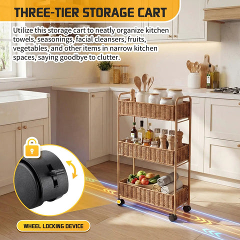 Ultra Slim 3 Tier Rolling Storage Cart for Small Spaces Narrow 7.1 Inch Wide Mobile Shelving Unit in a kitchen setting.