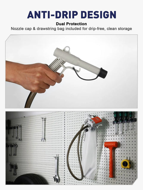 No Strings Attached Cordless Fuel Transfer Pump With Auto Stop, displayed with anti-drip design and storage accessories.