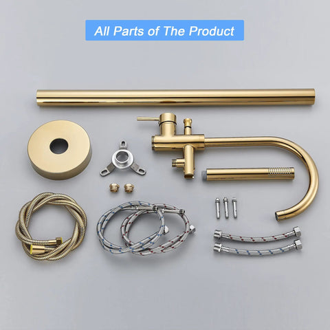 Gold Polished Freestanding Bathtub Faucet Floor Mount Tub Filler with Hand Shower Mixer Taps High Flow 360 Swivel Brass Parts