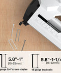 20V Cordless Brad Nailer And 18 Gauge Stapler Combo Featuring No Jam Design And Rugged 2.0Ah Battery With Complete Fastener Kit showing staple and brad nail sizes.