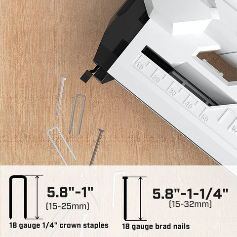 20V Cordless Brad Nailer And 18 Gauge Stapler Combo Featuring No Jam Design And Rugged 2.0Ah Battery With Complete Fastener Kit showing staple and brad nail sizes.