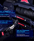 XYCLE 12000 Lb Electric Winch With Synthetic Rope showing high-strength nylon rope, rated pull of 13500 lbs, and waterproof features.