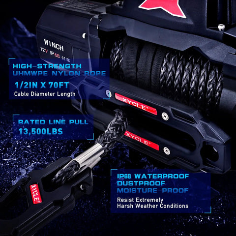 XYCLE 12000 Lb Electric Winch With Synthetic Rope showing high-strength nylon rope, rated pull of 13500 lbs, and waterproof features.