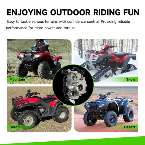 Four Honda ATVs on different terrains illustrating Rancher 350 ATV Carburetor Kit With Air Filter And Oil Filter For Honda Fourtrax 2000 Through 2006 4X4 Rebuild Replacement Parts Durable For Rough Trails And Everyday Rides.