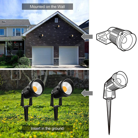 Mounted and ground view of 10W Low Voltage Outdoor Landscape Lights With Connectors, 12V Waterproof Pathway And Yard Spotlights