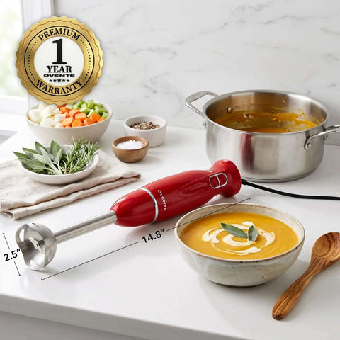Red Corded Immersion Blender 300W with Two Speeds for Whipping Up Smoothies Sauces and Dips in a Flash on kitchen counter