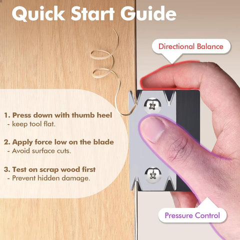 Quick start guide for Edge Banding Trimmer Upgrade Mini Cutter showing directional pressure control with hand positioning.