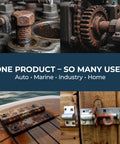 Collage of rusted bolts, gears, marine hinge, and door latch showcasing uses for Penetrating Oil 34 Oz Multipurpose Lubricant And Rust Remover For Cars Motorcycles And Home Projects Loosens Stuck Bolts Dissolves Rust Cleans And Protects Metal Parts Silicone Free Deep Penetrating Degreaser