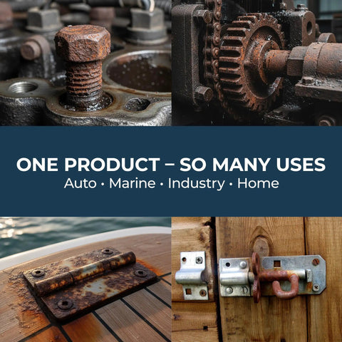 Collage of rusted bolts, gears, marine hinge, and door latch showcasing uses for Penetrating Oil 34 Oz Multipurpose Lubricant And Rust Remover For Cars Motorcycles And Home Projects Loosens Stuck Bolts Dissolves Rust Cleans And Protects Metal Parts Silicone Free Deep Penetrating Degreaser