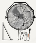 18 Inch Indoor Wall Mount Industrial Fan With Three Speeds And High CFM Up To 3100 for warehouse basement use, shown with mounting bracket.