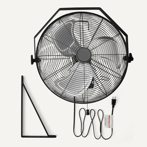 18 Inch Indoor Wall Mount Industrial Fan With Three Speeds And High CFM Up To 3100 for warehouse basement use, shown with mounting bracket.