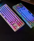 Built Damn Tough Full Aluminum Wireless Mechanical Keyboard With Hot Swappable Switches And Smart Tri Mode Pairing Featuring Custom Rgb Lighting 8000Mah Cell For Elite Gaming And Typing Setups in illuminated colors.