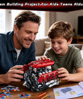 Father and son assembling a V8 Engine Model Kit That Runs With Motorized Pistons, Car Engine Building Blocks Set For STEM Learning.