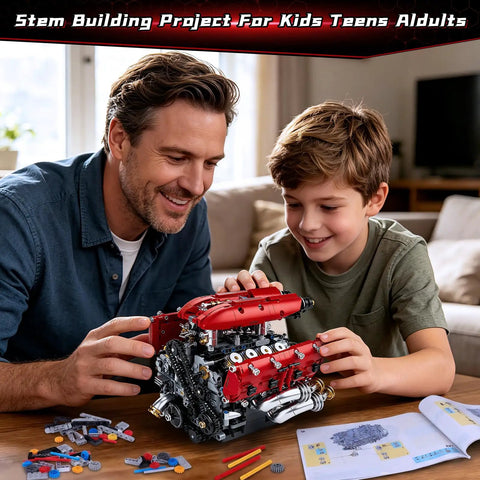 Father and son assembling a V8 Engine Model Kit That Runs With Motorized Pistons, Car Engine Building Blocks Set For STEM Learning.