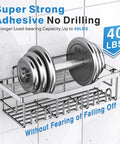 Rustproof Stainless Steel Shower Caddy Set With No Drill Adhesive holding 40 lbs weight on wall