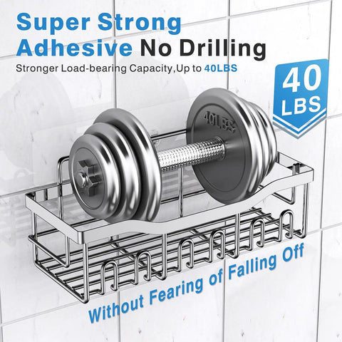 Rustproof Stainless Steel Shower Caddy Set With No Drill Adhesive holding 40 lbs weight on wall
