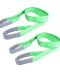 Top view of 2-pack green polyester lifting slings with gray eye-to-eye ends.