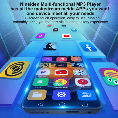 All In One Portable MP3 Player With Bluetooth And WiFi, 144GB Storage, shown with app icons on 4 inch touch screen