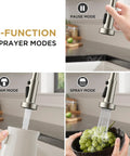 Modern Brushed Nickel Kitchen Sink Faucet Featuring A Three Mode Sprayer And Single Handle Design for washing grapes and filling a jug.