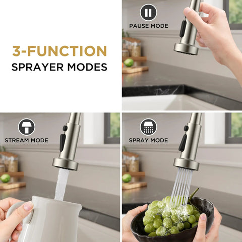 Modern Brushed Nickel Kitchen Sink Faucet Featuring A Three Mode Sprayer And Single Handle Design for washing grapes and filling a jug.