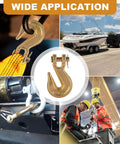 Collage showing Eight Piece Three Eighths Inch Clevis Grab Hooks Set G70 in use with trailer and safety chain applications.