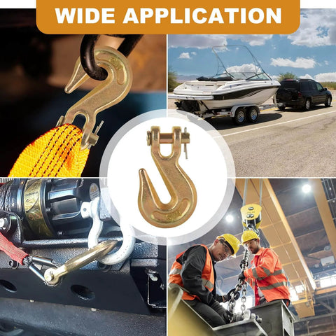 Collage showing Eight Piece Three Eighths Inch Clevis Grab Hooks Set G70 in use with trailer and safety chain applications.