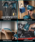 21V Cordless Drill And 255 Piece Tool Set With Drawer For Home Auto And DIY Repairs drilling metal, wood, corners, sockets
