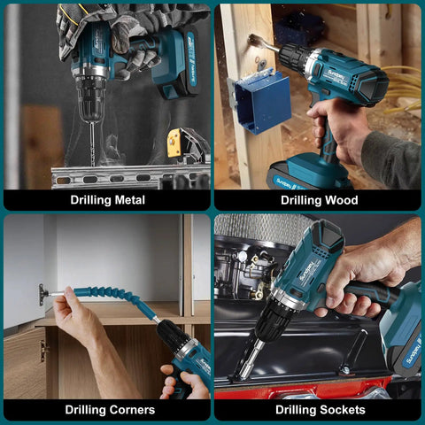 21V Cordless Drill And 255 Piece Tool Set With Drawer For Home Auto And DIY Repairs drilling metal, wood, corners, sockets
