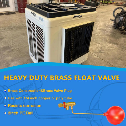 Beefy One Quarter Inch Brass Float Valve For Evaporative Cooler Built Tough Heavy Duty Leak Proof With Three Inch Polyethylene Float And Mushroom Silicone Seal For Long Lasting Performance In Harsh Water Conditions on swamp cooler